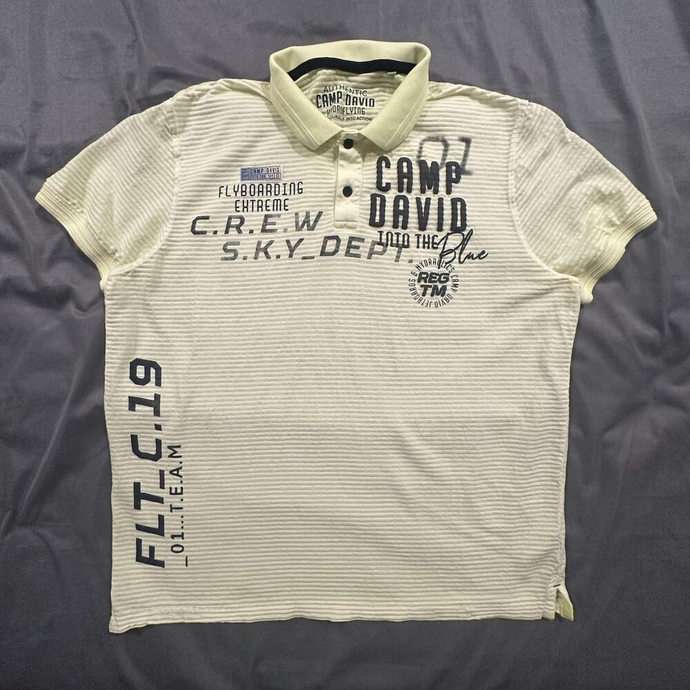 Camp David Polo Flyboarding Extreme Striped Ivory Fabric Mens 3XL Neon Yellow